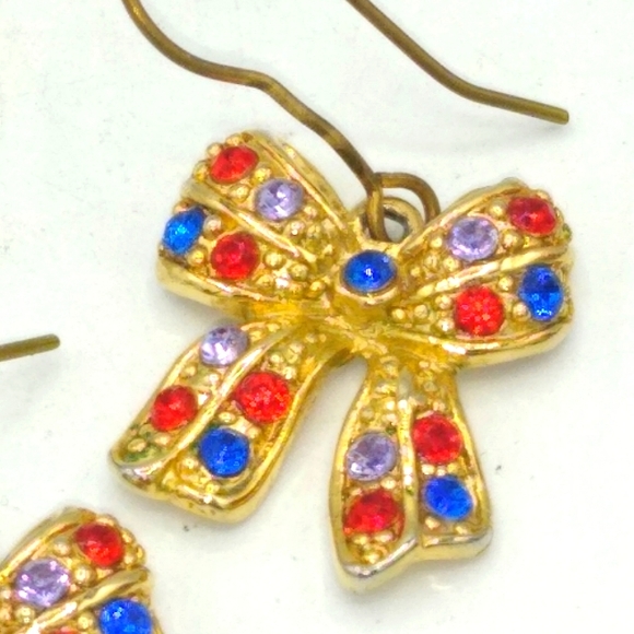 Gold Tone Bow Dangle Earrings with Red, Blue, and Lavender Rhinestones Vintage - Picture 3 of 5